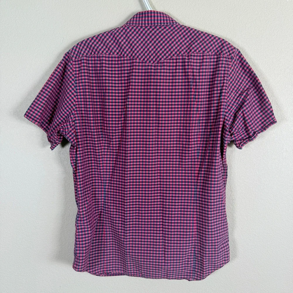 Banana Republic Pearl Snap‎ Western Shirt Mens M Pink Gingham Stretch S/S